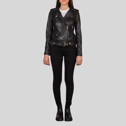 Front view of women's black leather biker jacket