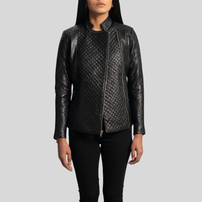 Full view of a black quilted biker jacket worn by a woman