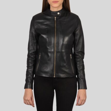 Full view of a classic leather biker jacket for women