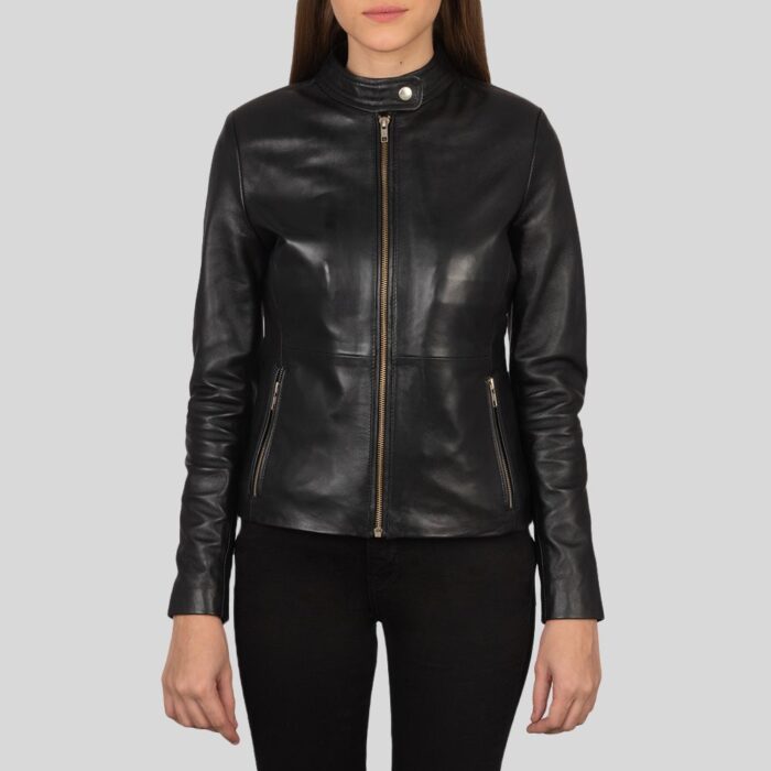 Full view of a classic leather biker jacket for women