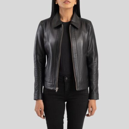 Full view of a woman wearing a black leather jacket