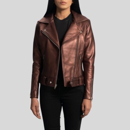 Full view of a women's biker leather jacket