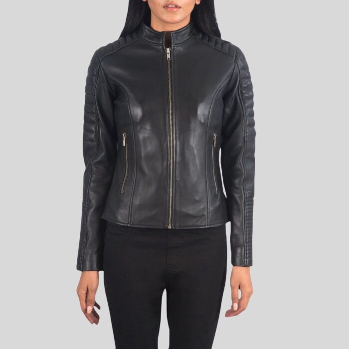 Full view of a women’s black leather biker jacket