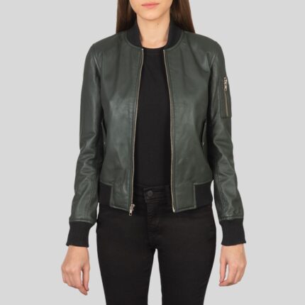 Full view of a women's green bomber jacket