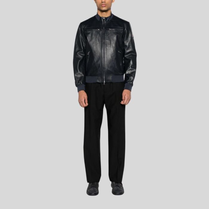 Full view of black leather bomber jacket for men