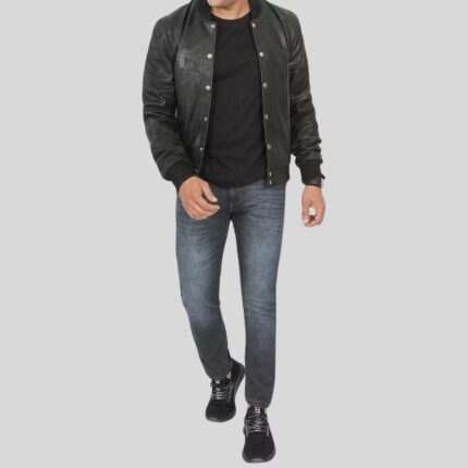 Full view of black leather bomber jacket mens