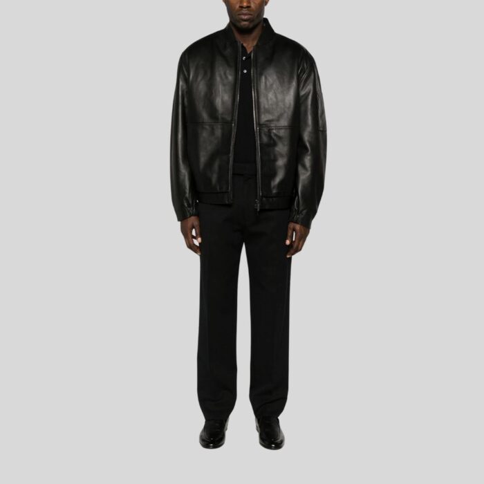 Full view of black men's leather bomber jacket