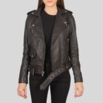 Full view of brown leather biker jacket on a model