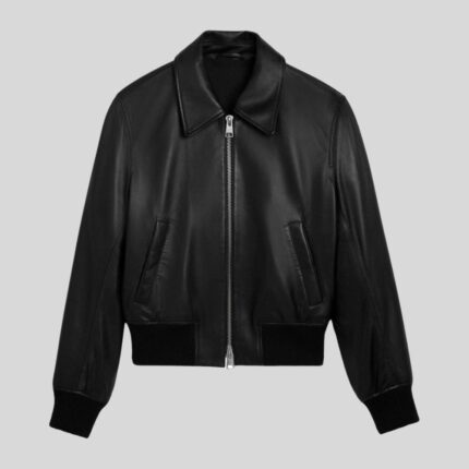 Full view of ladies leather bomber jacket in black