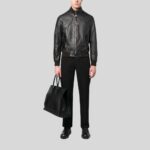 Full view of mens black bomber leather jacket