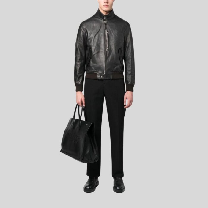 Full view of mens black bomber leather jacket