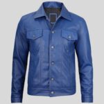 Full view of men's blue leather trucker jacket