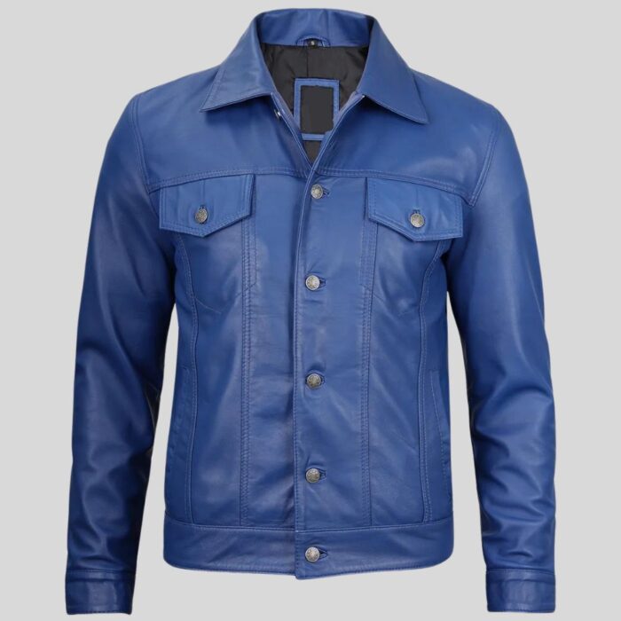 Full view of men's blue leather trucker jacket