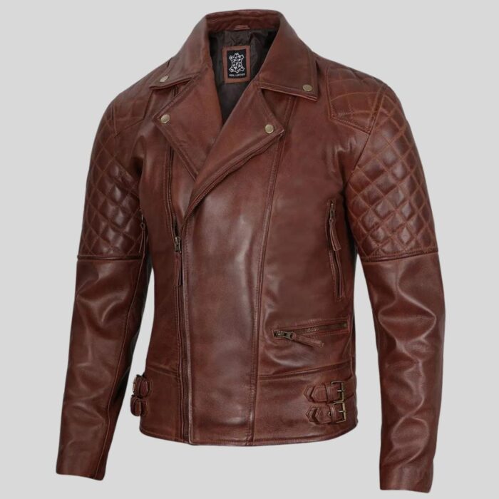 Full view of men's cognac leather jacket