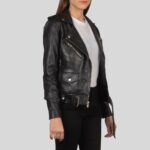 Full view of women's black leather biker jacket