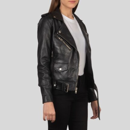 Full view of women's black leather biker jacket