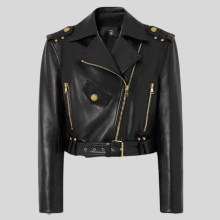 Full view of women's cropped leather biker jacket