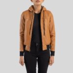 Full view of women's leather bomber jacket with hood