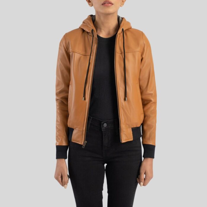 Full view of women's leather bomber jacket with hood