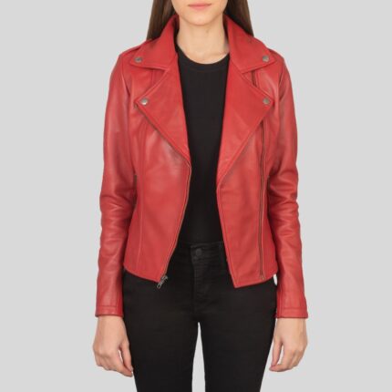 Full view of women's red leather biker jacket