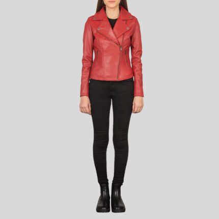 Red leather biker jacket for women - front view