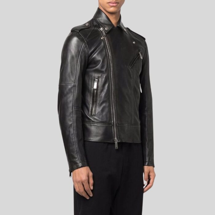 Side view of a black leather biker jacket for men