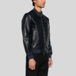 Side view of black leather bomber jacket for men