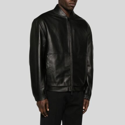 Side view of black men's leather bomber jacket