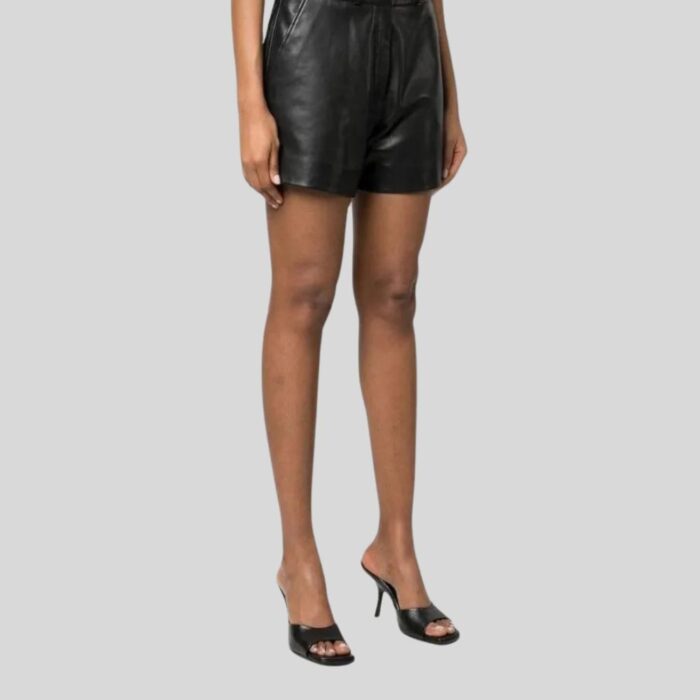 Side view of mid-rise leather shorts