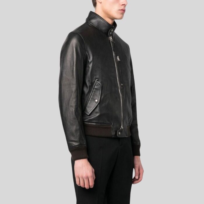 Side view of mens black bomber leather jacket