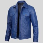 Side view of men's blue leather trucker jacket