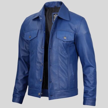 Side view of men's blue leather trucker jacket