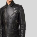 Side view of men's distressed leather biker jacket