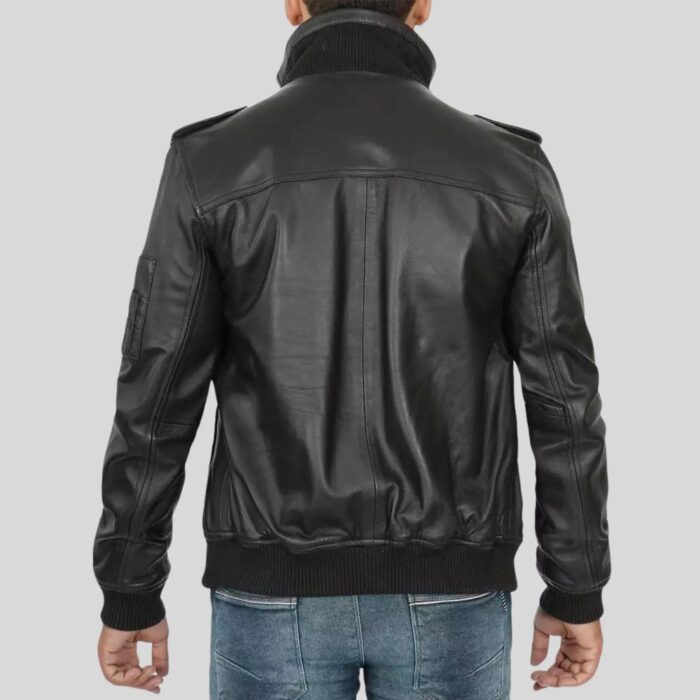 Vintage black leather bomber jacket - back view