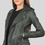 Women's green leather biker jacket - close-up view