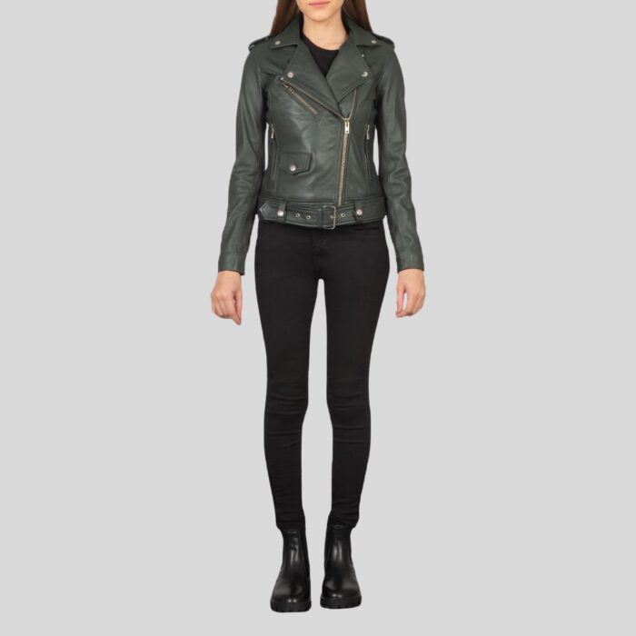 Women's green leather biker jacket - front view