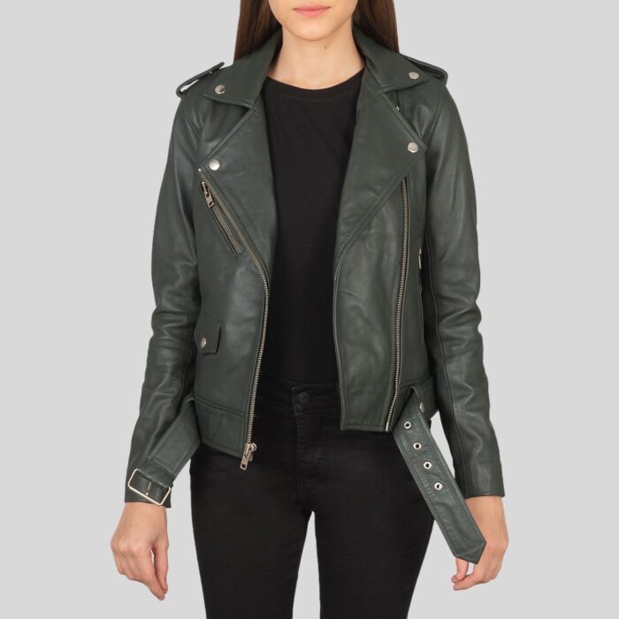 Women's green leather biker jacket - full view